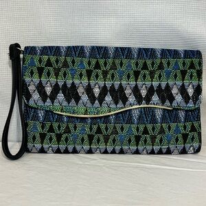 Woven Clutch Bag Wristlet Blue/Green/Black Geometric Abstract Pattern